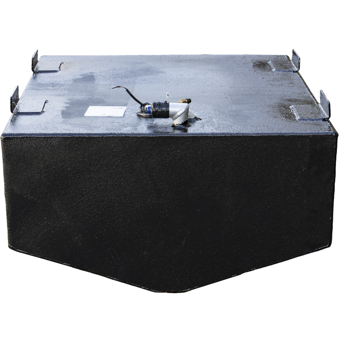Fully assembled 69-gallon aluminum belly tank for Dusky 23, shown with matte black finish and four welded corner brackets for secure installation. Top-mounted sender unit features integrated wiring harness, routed cleanly across the tank's surface. Tank exterior exhibits minor fluid sheen—possibly from leak testing or finishing process. Affixed white label indicates manufacturing specs and regulatory compliance