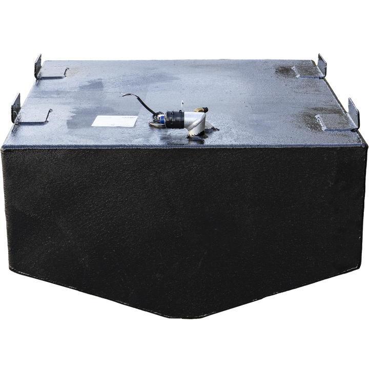 Fully assembled 69-gallon aluminum belly tank for Dusky 23, shown with matte black finish and four welded corner brackets for secure installation. Top-mounted sender unit features integrated wiring harness, routed cleanly across the tank's surface. Tank exterior exhibits minor fluid sheen—possibly from leak testing or finishing process. Affixed white label indicates manufacturing specs and regulatory compliance
