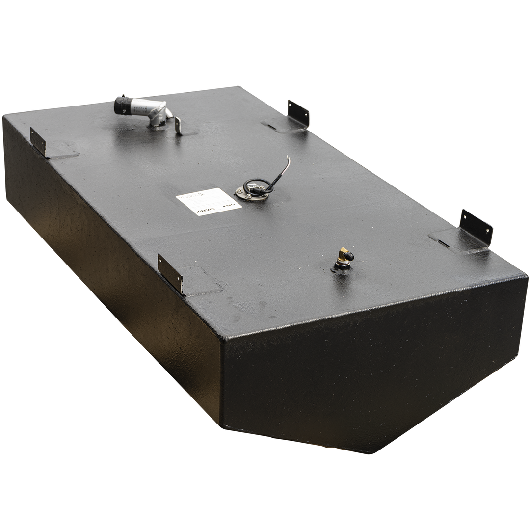 A rectangular boat fuel tank with a heavy, textured black coating, viewed from a high three-quarter angle against a checkered background. Four L-shaped mounting tabs are welded to the top corners. Various fittings are spaced along the top surface, including a brass fitting in the foreground, a central fuel sending unit with a label, and a fuel fill assembly at the far end