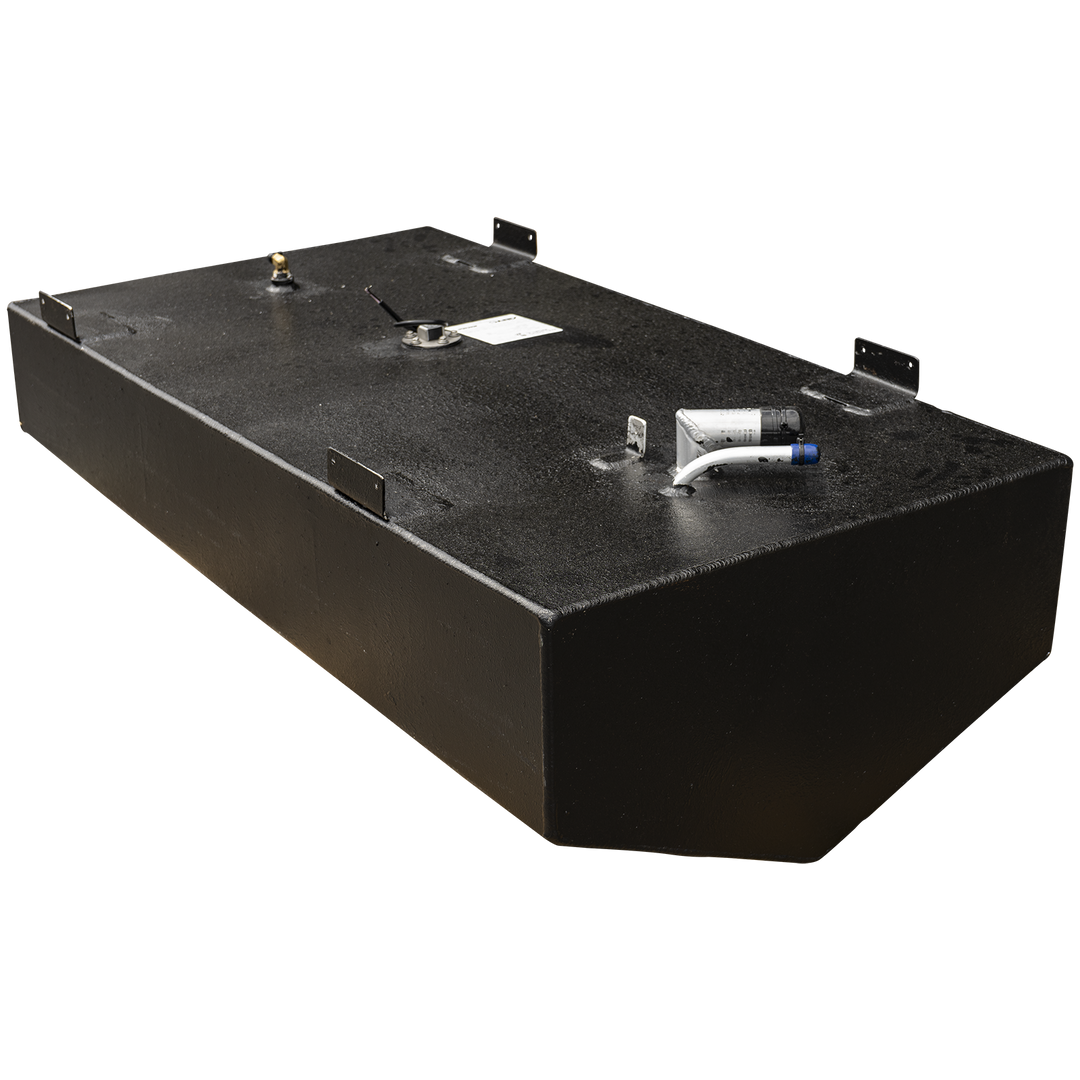 A boat fuel tank with a heavy, textured black coating and angled front bottom corners, viewed from a high, rear three-quarter angle against a checkered background. Four flat mounting tabs are welded to the top edges. A series of fittings are spaced along the top surface, including a brass fitting at the rear, a central fuel sending unit with a label, and a fuel fill assembly with a curved white pipe at the front