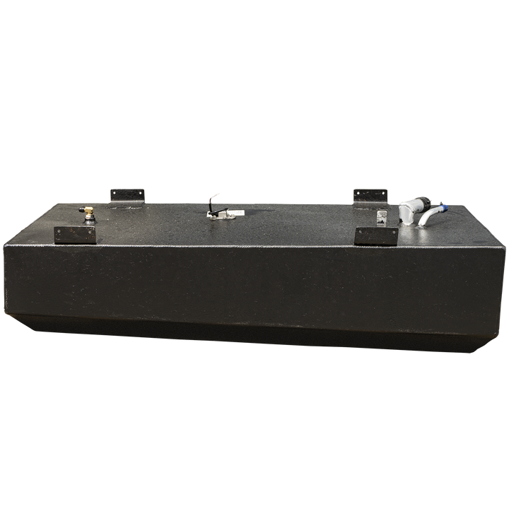 A side profile view of a long, rectangular boat fuel tank with a heavy, textured black coating, set against a checkered background. The bottom of the tank has a slight V-shape to match a boat's hull. Four black mounting tabs are attached to the top edge, and various fittings, including a brass fitting, a central fuel sending unit, and a fuel fill assembly with a white pipe, are spaced along the top surface