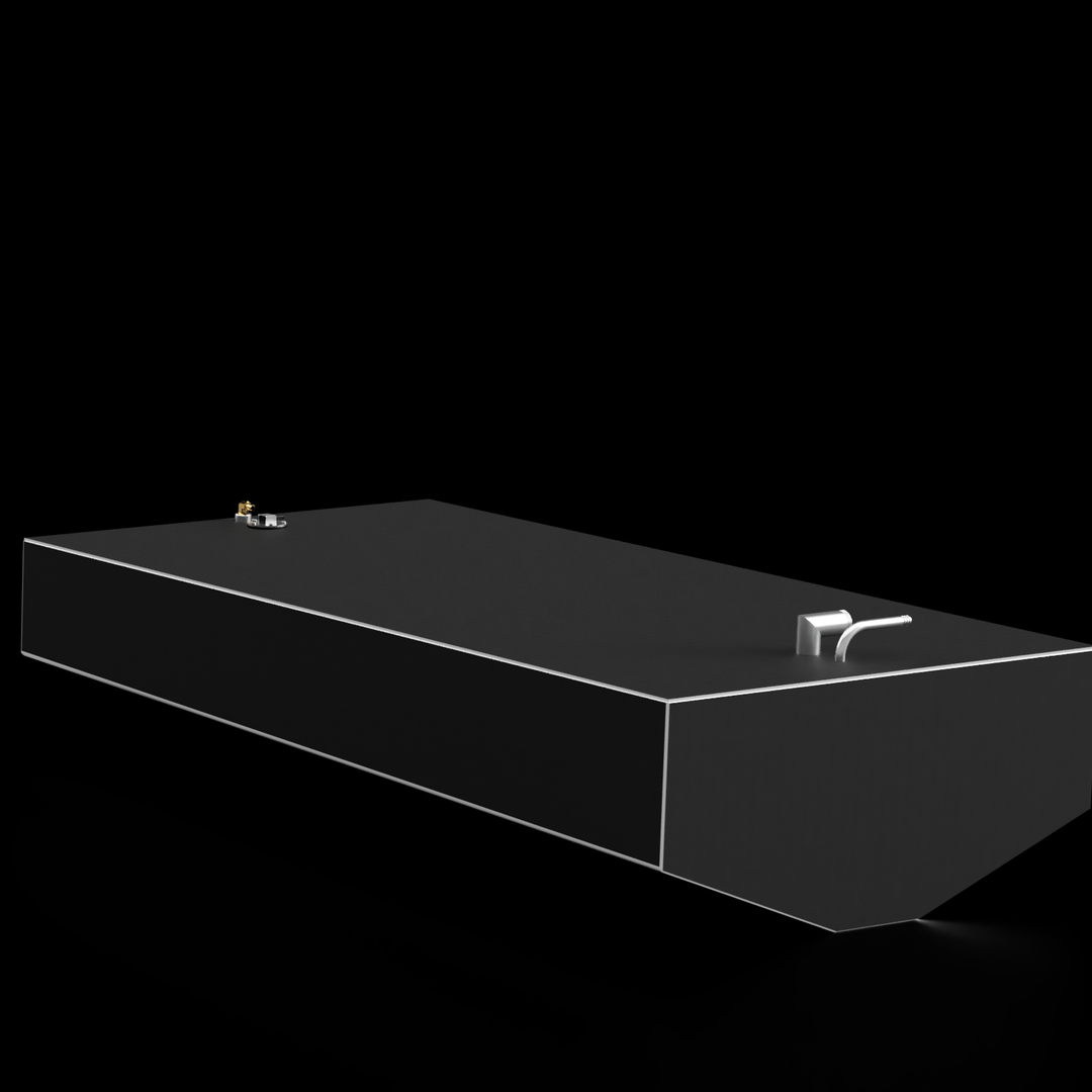 OEM replacement belly fuel tank for Edgewater 225 CC, featuring a sleek rectangular design with a 122-gallon capacity, equipped with fuel fittings on top