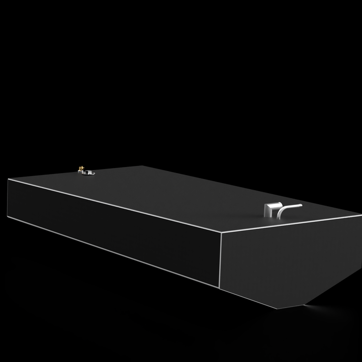 OEM replacement belly fuel tank for Edgewater 225 CC, featuring a sleek rectangular design with a 122-gallon capacity, equipped with fuel fittings on top