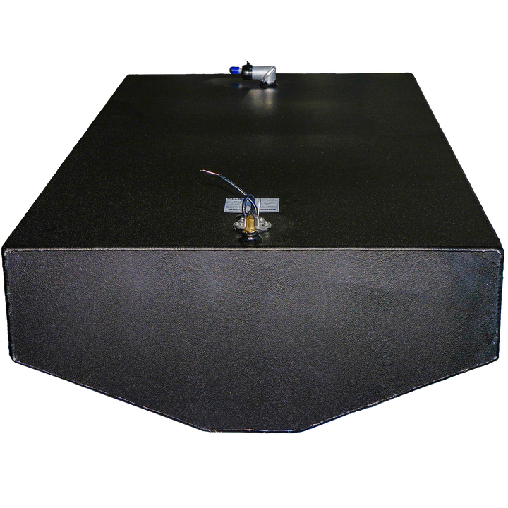 OEM replacement belly fuel tank for Edgewater 225 CC, featuring a 122-gallon capacity, with a sleek black finish and a fuel fill cap on top