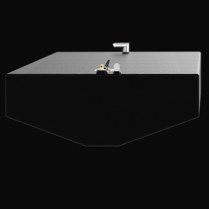 A low-angle rear perspective rendering of a black single-tank unit, emphasizing the wide hull-conforming underside of an EdgeWater 228CC 119-gallon OEM replacement marine fuel tank. The heavy-duty tank features a shallow, multi-angled V-hull tapered bottom configuration designed to seat perfectly within the center console stringer layout. It is masterfully constructed from heavy-gauge marine-grade 5052-H32 aluminum and fully sealed in a textured, anti-corrosive black TarGard epoxy coating. The top deck is o