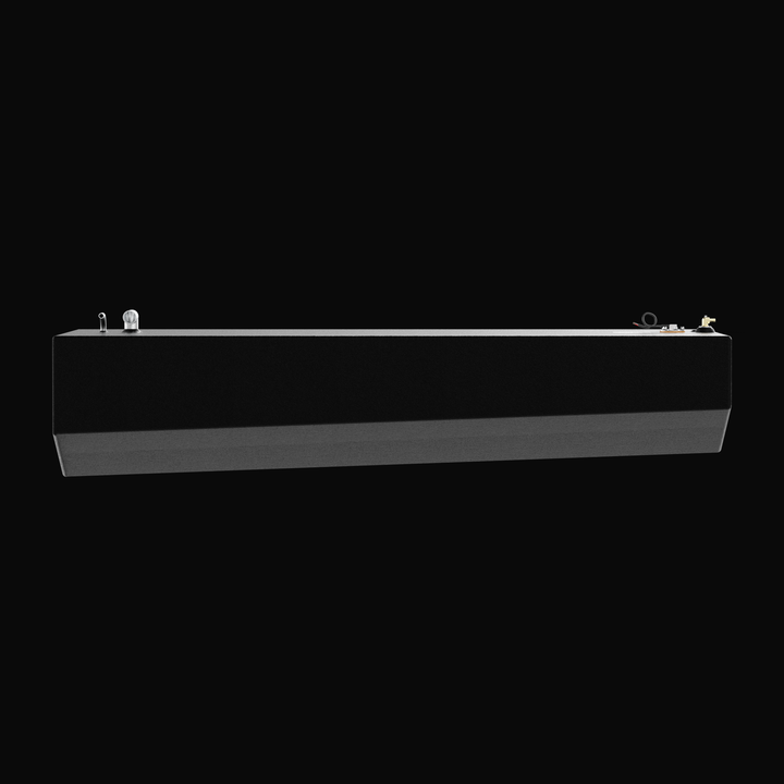 A straight-on side elevation profile view of an elongated black single-tank unit, detailing the hull-conforming underside design for an EdgeWater 228CC OEM replacement marine fuel tank. The technical profile highlights a shallow V-bottom tapered configuration engineered by Welding World to sit perfectly within the boat's original center console hull cavity. Masterfully constructed from heavy-gauge marine-grade 5052-H32 aluminum, the fuel cell is completely sealed in an anti-corrosive, textured black TarGard