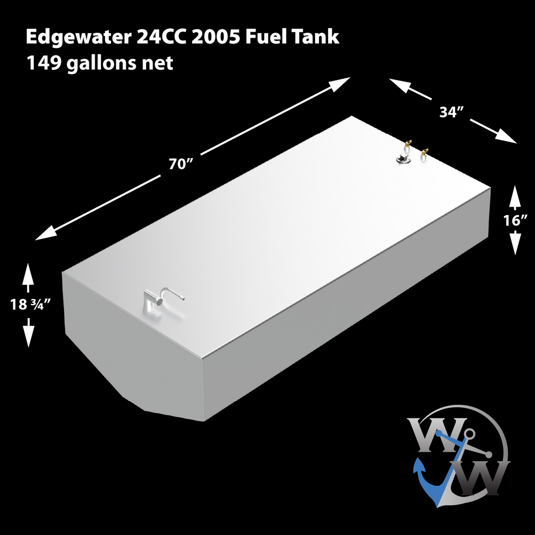 A 3D schematic of the replacement fuel tank for a 2005 Edgewater 24CC, shown against a black background. Text on the image identifies the tank as having a 149-gallon net capacity. Dimension lines detail its measurements as 70 inches long by 34 inches wide, with a main body height of 16 inches and a total height of 18 ¾ inches at the angled front end. The silver-colored schematic features several fittings on its top surface. The 'WW' anchor logo for Welding World is in the bottom right corner