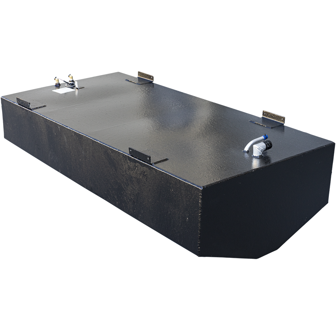 A long, black-coated boat fuel tank with a rounded front bottom edge, viewed from a high, rear three-quarter angle against a checkered background. Multiple black mounting tabs are welded to the top edges. The top surface features two separate clusters of fittings: a fuel sending unit with brass connectors at the rear, and an assembly with two curved white pipes at the front