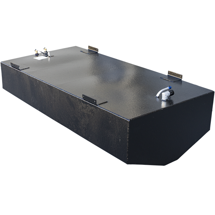 A long, black-coated boat fuel tank with a rounded front bottom edge, viewed from a high, rear three-quarter angle against a checkered background. Multiple black mounting tabs are welded to the top edges. The top surface features two separate clusters of fittings: a fuel sending unit with brass connectors at the rear, and an assembly with two curved white pipes at the front