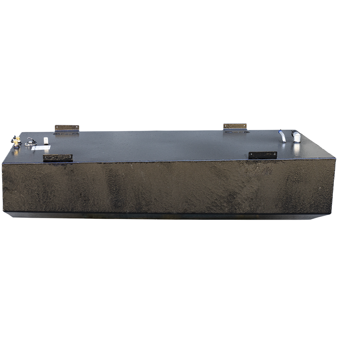 A side profile view of a long, rectangular boat fuel tank with a heavy, textured black coating, set against a checkered background. The tank's bottom has a slight V-shape to fit a hull. Four large, textured mounting tabs are attached along the top edge. Clusters of fittings, including a fuel sending unit at one end and two curved white pipes at the other, are visible on the top surface