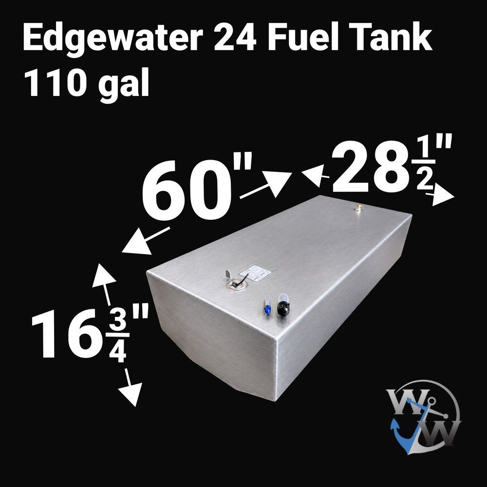 A studio product diagram displaying exact dimension specifications for a 3D digital CAD model rendering of an unencapsulated bare aluminum Edgewater 24 Fuel Tank (110 gal OEM replacement) from file image_f7ecbb.jpg, isolated against a black background. The isometric view shows the rectangular hull profile with bold white measurement arrows indicating key overall dimensions: 60 inches in length, 28 1/2 inches in width, and 16 3/4 inches in total height. Top deck hardware configuration includes a foreground e
