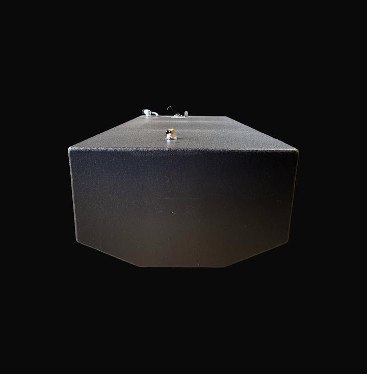 A studio front-facing end perspective view looking down the full length of a physical, finished black encapsulated Edgewater 24 OEM replacement marine fuel tank (110 gal) from file image_9cc7b3.jpg, isolated against a black background. Precision-fabricated from heavy-gauge marine-grade 5052-H32 aluminum, the custom V-bottom body is fully encapsulated in a protective, textured black TarGard epoxy coating to resist severe saltwater pitting and bilge moisture decay. The top deck configuration highlights a fore