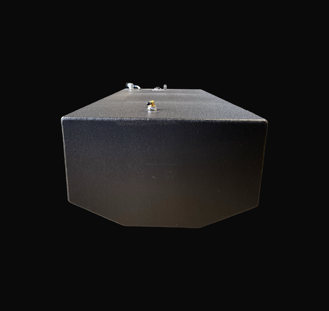 A studio head-on end perspective view looking down the length of a physical, finished black encapsulated Edgewater 24 OEM replacement marine fuel tank (110 gal) from file image_f69e3f.jpg, isolated against a black background. Precision-fabricated from heavy-gauge marine-grade 5052-H32 aluminum, the rectangular body with a tapered bottom hull profile is fully encapsulated in a protective, textured black TarGard epoxy coating to resist severe saltwater pitting and bilge moisture decay. Top deck hardware confi