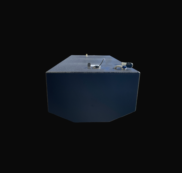 A studio front-facing end perspective view looking down the full length of a physical, finished black encapsulated Edgewater 24 OEM replacement marine fuel tank (110 gal) from file image_9c6d3d.jpg, isolated against a black background. Precision-fabricated from heavy-gauge marine-grade 5052-H32 aluminum, the custom V-bottom body is fully encapsulated in a protective, textured black TarGard epoxy coating to resist severe saltwater pitting and bilge moisture decay. Foreground top deck fittings feature an alum