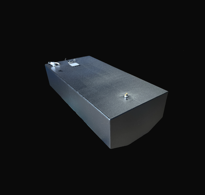 A studio high-angle isometric view showing the full length and main deck layout of a physical, finished black encapsulated Edgewater 24 OEM replacement marine fuel tank (110 gal) from file image_9cbf99.jpg, isolated against a black background. Precision-fabricated from heavy-gauge marine-grade 5052-H32 aluminum, the long rectangular V-bottom body is fully encapsulated in a protective, textured black TarGard epoxy coating to resist severe saltwater pitting and bilge moisture decay. Foreground top deck fittin