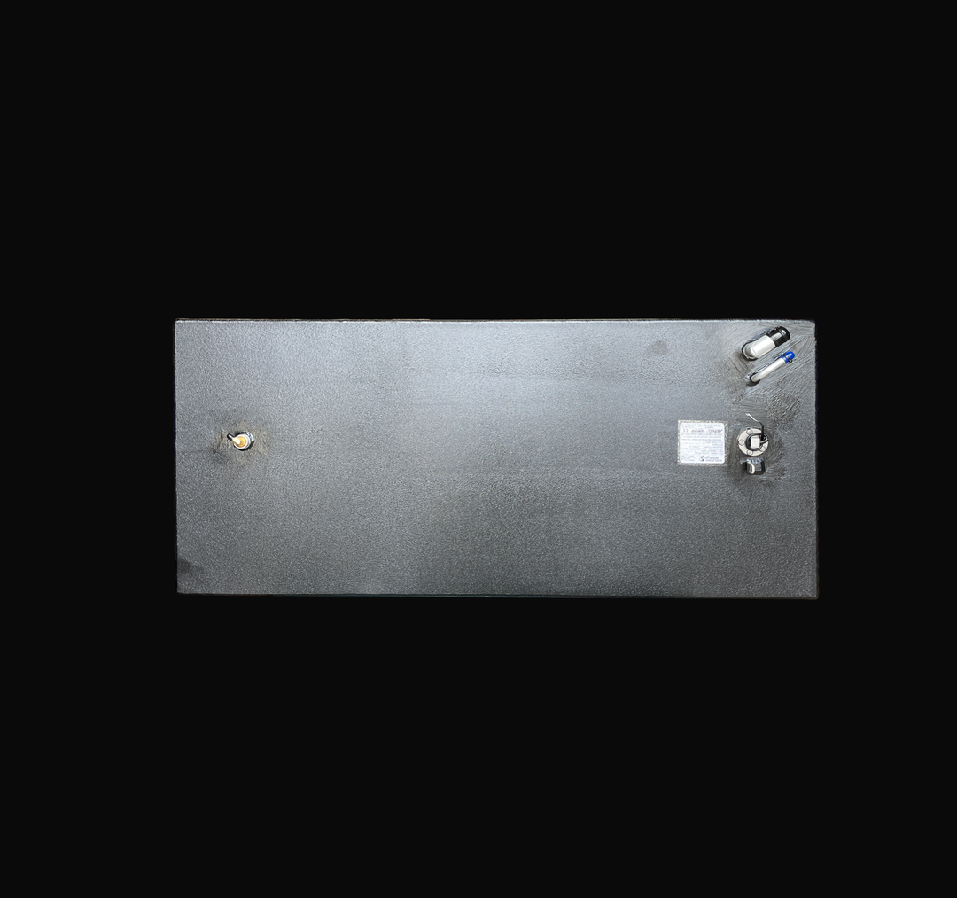 A studio top-down plan view displaying the clean deck layout of a physical, finished black encapsulated Edgewater 24 OEM replacement marine fuel tank (110 gal) from file image_9c667a.jpg, isolated against a black background. Precision-fabricated from heavy-gauge marine-grade 5052-H32 aluminum, the entire top deck is fully encapsulated in a protective, textured black TarGard epoxy coating to resist severe saltwater pitting and bilge moisture decay. Top deck hardware features a far-left high-flow brass 90-deg
