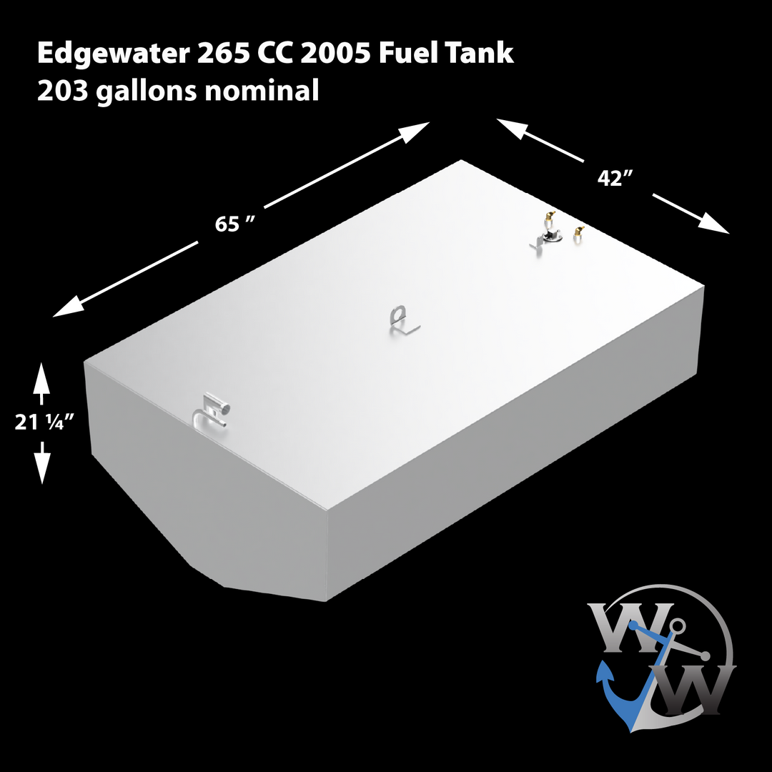 A white rectangular fuel tank with welded brackets on top, several metal fittings, and a pipe on one side. The tank is labeled “Edgewater 265 CC 2005 Fuel Tank 203 gallons nominal” with dimensions 65” long, 42” wide, and 21 ¼” high. The image includes the Welding World logo in the bottom right corner