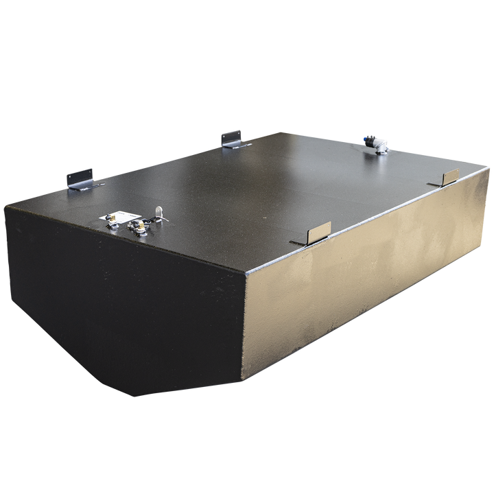 A black rectangular metal fuel tank with welded mounting brackets on the top edges, multiple fittings on the top surface, and visible weld seams along the edges. The tank has a textured finish and a slight reflective sheen