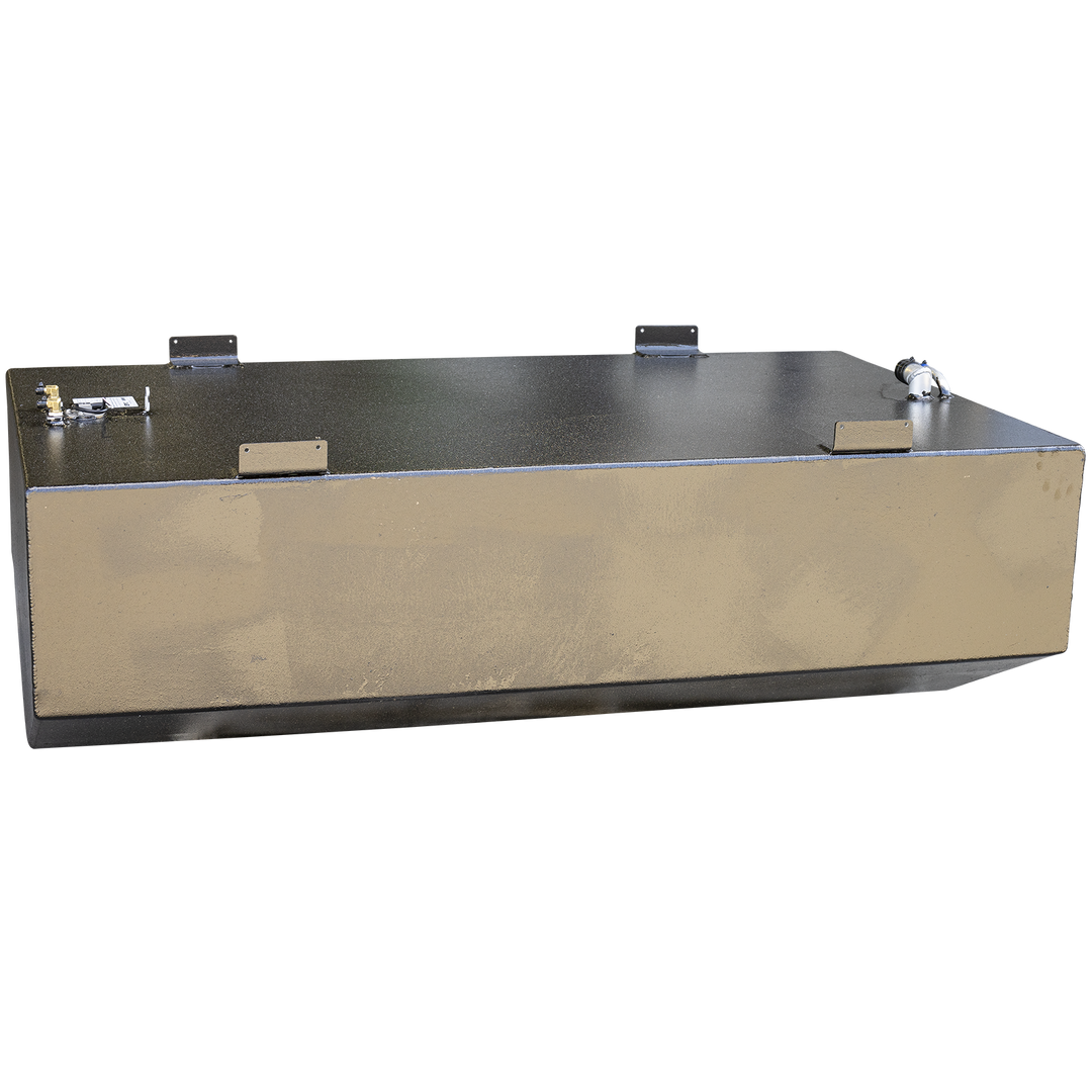 A large black rectangular metal fuel tank with a slightly textured finish, showing welded mounting tabs along the top edges. The top surface includes multiple fittings, including two brass connectors and an angled metal pipe with a blue collar. The tank has visible weld seams along its edges and a smooth, flat side panel