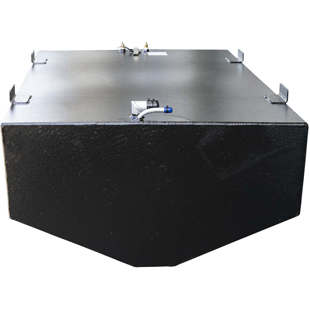 Front view of a large black metal fuel tank with a rectangular shape and a tapered front edge. The top surface features several welded mounting tabs and a fitting with a white pipe and blue collar protruding near the front edge. The tank surface has a slightly rough texture and visible weld seams along the edges