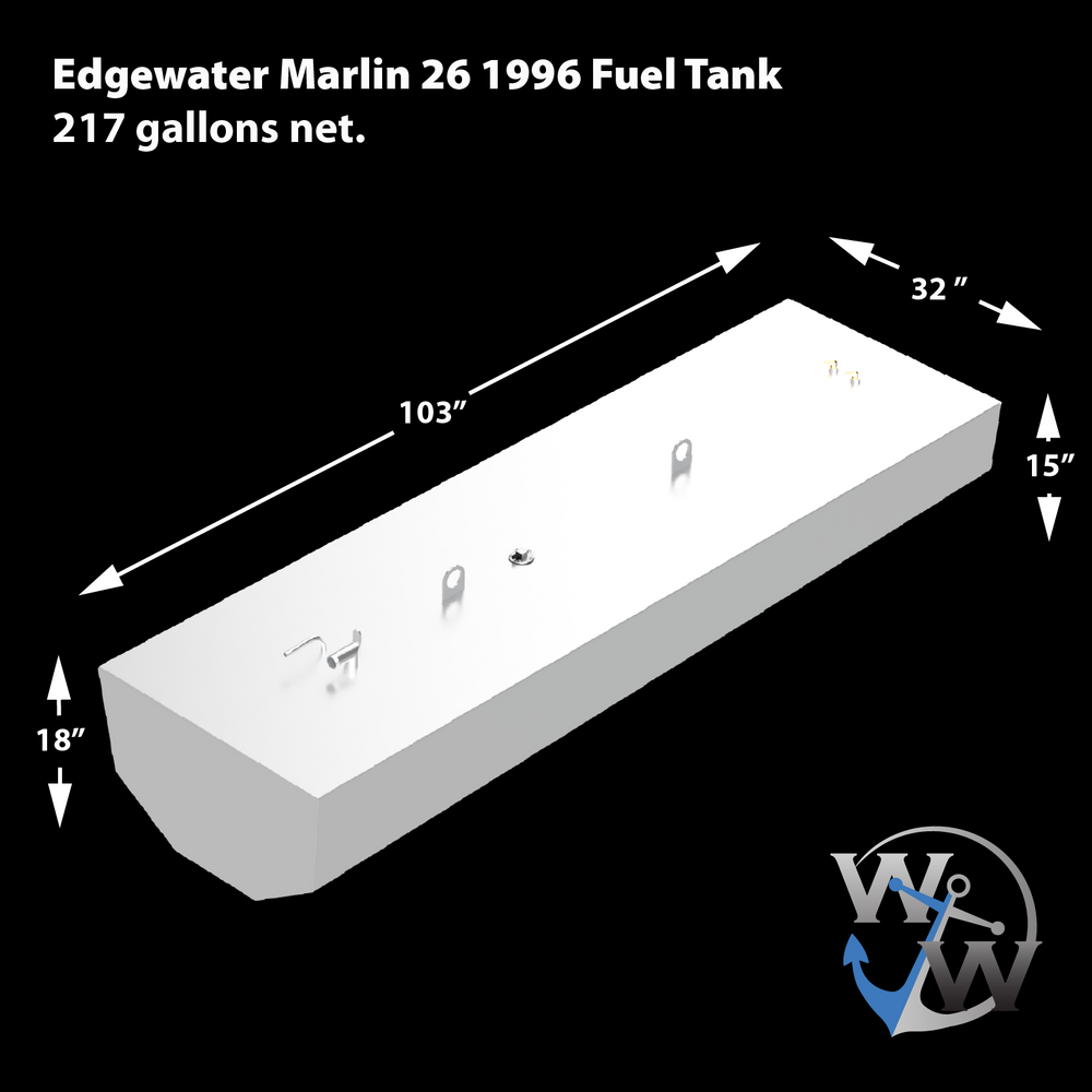A white fuel tank with fittings and mounting brackets on top. It is an Edgewater Marlin 26 from 1996, OEM replacement fuel tank with a net capacity of 217 gallons. The tank dimensions are 103 inches long, 32 inches wide, and 15 inches high. The tank has a rectangular shape with chamfered corners on one end