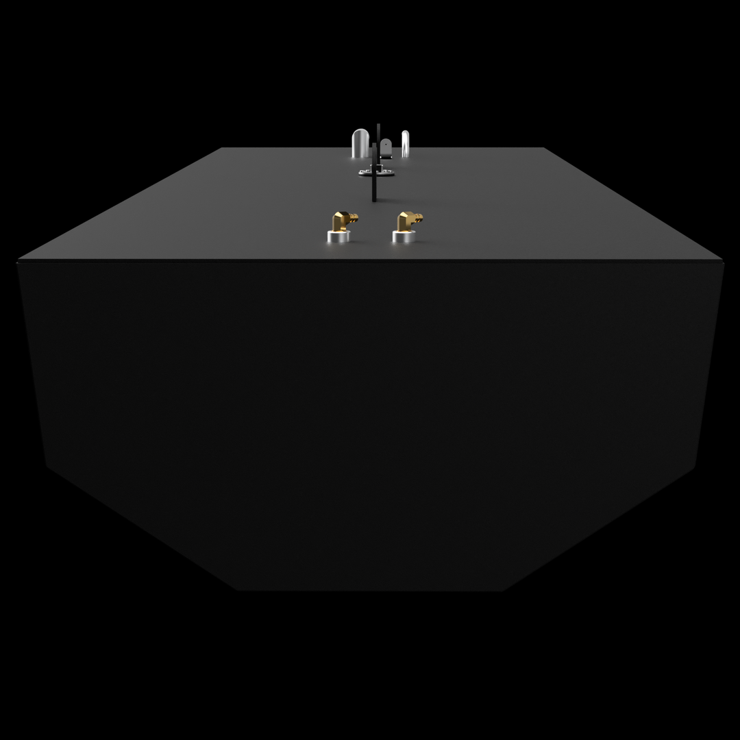 A black, rectangular fuel tank shown from the front with a flat top featuring two small brass angled fittings near the center and other small fittings and tabs toward the back. The front face is flat and slopes inward at the bottom corners