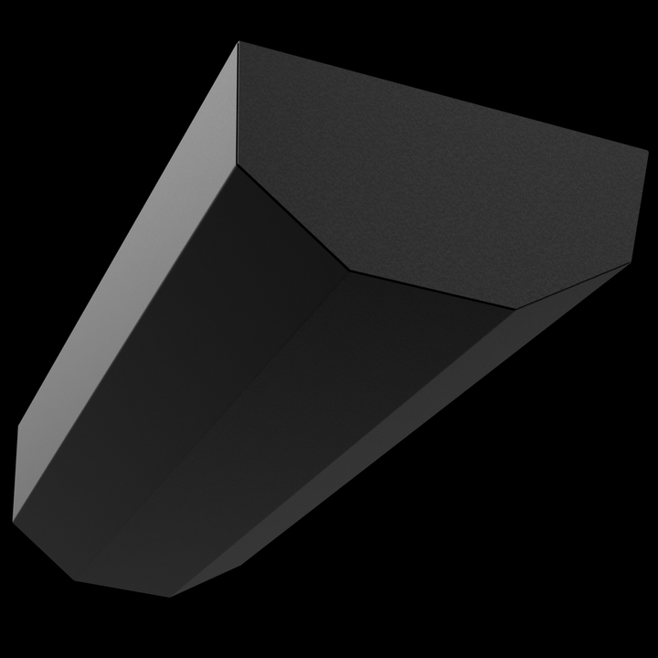 A black, rectangular fuel tank viewed from below and angled to show the textured underside and beveled front corners, with no visible fittings or attachments