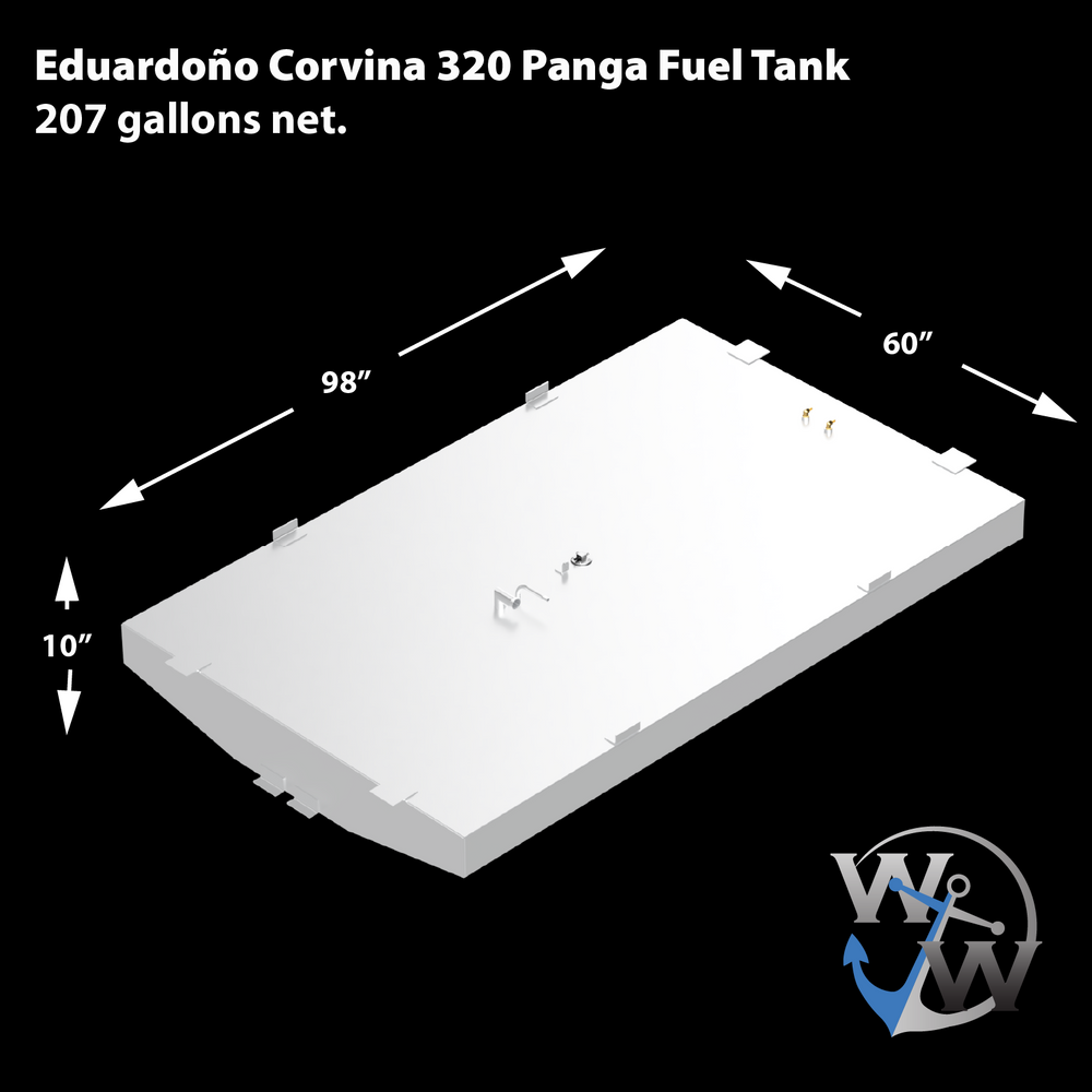 A diagram of an Eduardoño Corvina 320 Panga Fuel Tank, 207 gallons net, rendered in white against a black background. The tank is wide and rectangular with a curved front edge and features several rectangular protrusions along its edges. Dimensions are indicated by arrows: 98 inches in length, 10 inches in height, and 60 inches in width. The top surface shows various fittings, including a small circular access point, a bent metal pipe, and a pair of small golden cylindrical components