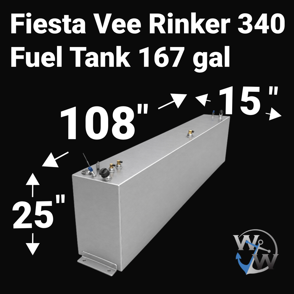 Dimensional technical diagram for a Fiesta Vee Rinker 340 replacement fuel tank with a 167-gallon capacity. The graphic displays precise measurements of 108" length, 15" width, and 25" height, showing the elongated low-profile shape, bottom-mounted installation flange, brass fittings, and top-mounted fuel system hardware. Fabricated from marine-grade 5052-H32 aluminum, this OEM replacement is engineered by Welding World for a guaranteed 100% drop-in fit.