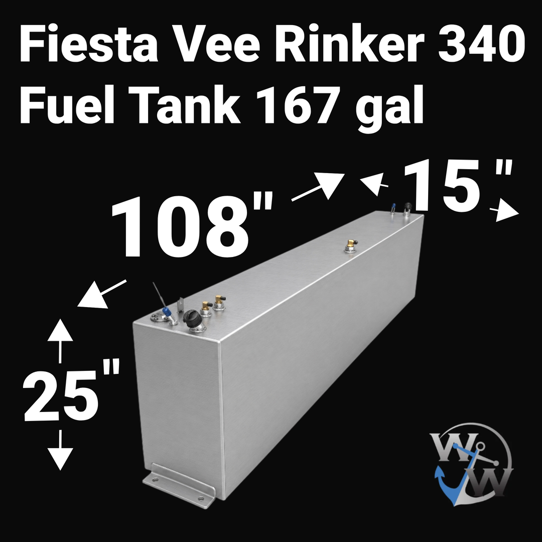 Dimensional technical diagram for a Fiesta Vee Rinker 340 replacement fuel tank with a 167-gallon capacity. The graphic displays precise measurements of 108" length, 15" width, and 25" height, showing the elongated low-profile shape, bottom-mounted installation flange, brass fittings, and top-mounted fuel system hardware. Fabricated from marine-grade 5052-H32 aluminum, this OEM replacement is engineered by Welding World for a guaranteed 100% drop-in fit.