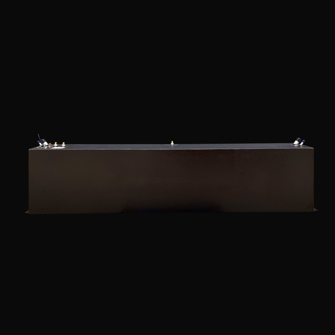 A full side profile elevation view of the Fiesta Vee Rinker 340 replacement marine fuel tank, showcasing its elongated rectangular body coated in a protective black TarGard epoxy finish. The image displays the precision placement of mechanical hardware across the top deck, featuring brass pickups and electrical sending unit connections on the left, an additional brass fitting centered, and fuel fill/vent ports on the right. Fabricated from heavy-duty .190" marine-grade aluminum, this 167-gallon tank is engi