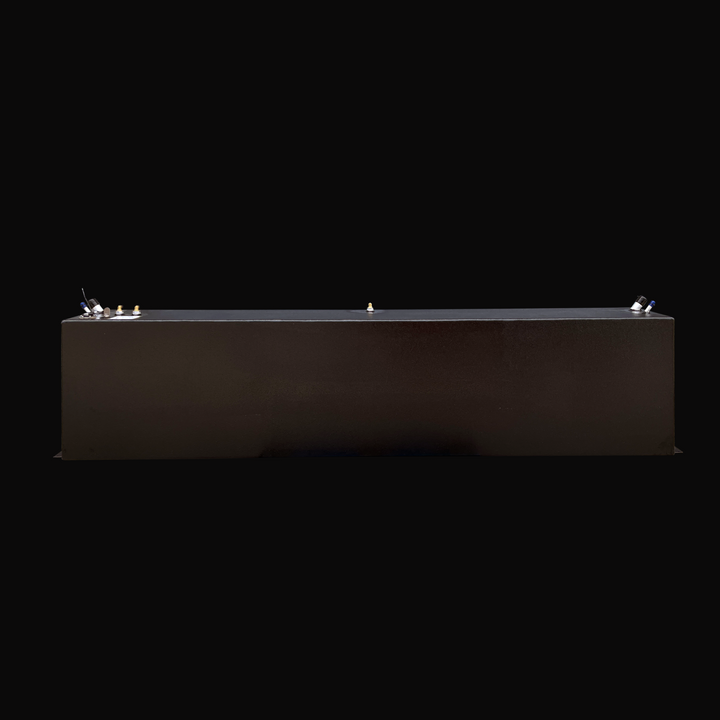 A full side profile elevation view of the Fiesta Vee Rinker 340 replacement marine fuel tank, showcasing its elongated rectangular body coated in a protective black TarGard epoxy finish. The image displays the precision placement of mechanical hardware across the top deck, featuring brass pickups and electrical sending unit connections on the left, an additional brass fitting centered, and fuel fill/vent ports on the right. Fabricated from heavy-duty .190" marine-grade aluminum, this 167-gallon tank is engi