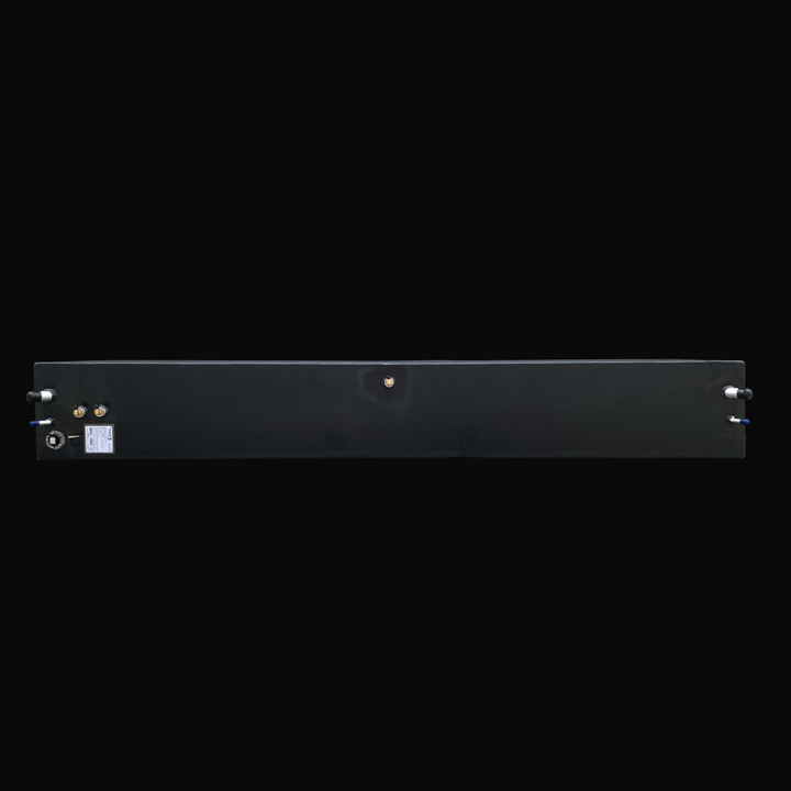 A full top-down overhead view of the Fiesta Vee Rinker 340 replacement marine fuel tank, displaying the complete symmetry of its elongated layout finished in a seamless black TarGard epoxy coating. The top deck clearly shows the hardware configuration: on the left sits the integrated fuel level sending unit with the official ABYC/NMMA manufacturer certification label alongside dual brass pickups and fuel ports; a single brass fitting is centered; and dual fuel line connections are positioned on the far righ