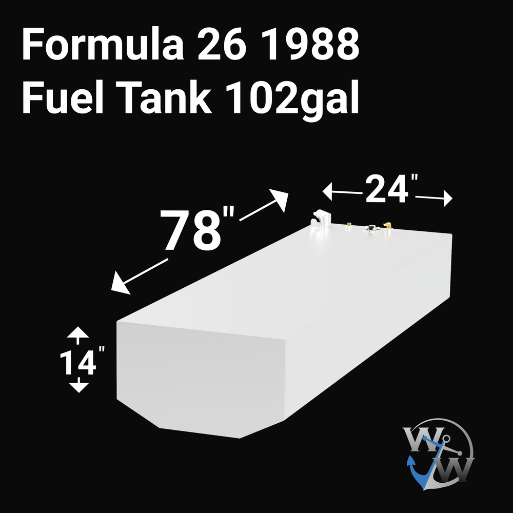 A white rectangular fuel tank measuring 78 inches in length, 24 inches in width, and 14 inches in height. The tank is labeled for a Formula 26 1988 model with a capacity of 102 gallons. The image shows the tank against a black background with measurement arrows