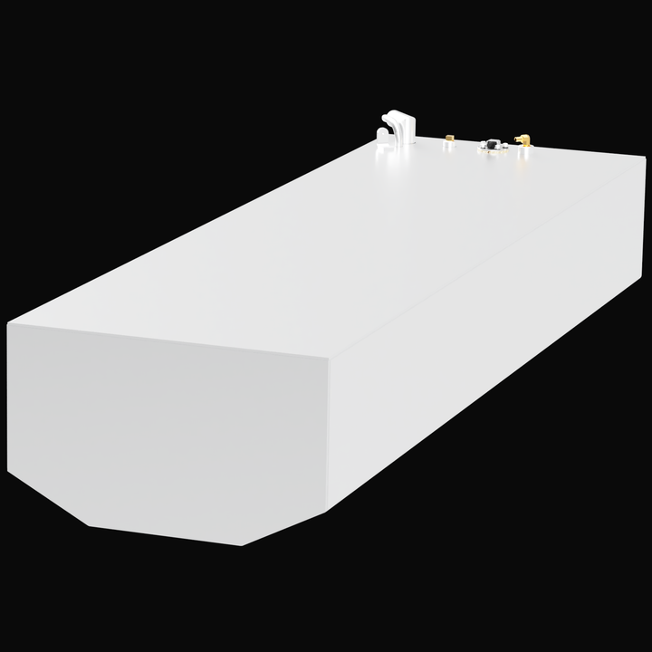 A rectangular white fuel tank with fittings and valves on the top, labeled for a Formula 26 1988 model with a capacity of 102 gallons. The tank is set against a black background