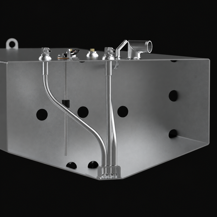 A technical cross-section 3D rendering of a central deep-V marine aluminum fuel tank cutaway view, detailing the internal plumbing and dual-engine architecture for a Formula 33 SS replacement fuel tank. The image focuses on the inner chamber of a 160-gallon hull-conforming fuel cell fabricated from raw marine-grade 5052-H32 aluminum, highlighting a structural internal baffle plate engineered with circular flow-through holes for anti-slosh fuel stability. The internal layout showcases dual aluminum pickup tu
