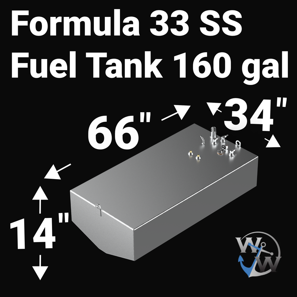 Dimensional technical diagram for a raw aluminum Formula 33 SS replacement marine fuel tank featuring a 160-gallon design. The graphic displays precise technical specifications with measurements of 66" length, 34" width, and 14" height, showcasing a specialized V-shaped angled bottom contour profile engineered to conform seamlessly to the vessel's central hull cavity. The top deck displays an unsealed variant layout complete with an integrated vertical fuel fill neck, tank vent line connections, multiple br