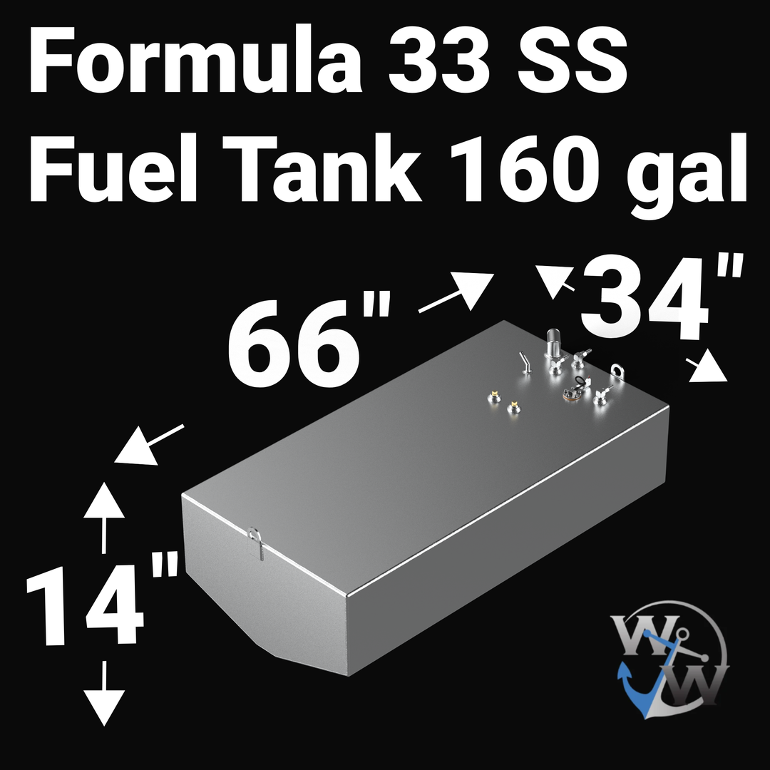 Dimensional technical diagram for a raw aluminum Formula 33 SS replacement marine fuel tank featuring a 160-gallon design. The graphic displays precise technical specifications with measurements of 66" length, 34" width, and 14" height, showcasing a specialized V-shaped angled bottom contour profile engineered to conform seamlessly to the vessel's central hull cavity. The top deck displays an unsealed variant layout complete with an integrated vertical fuel fill neck, tank vent line connections, multiple br