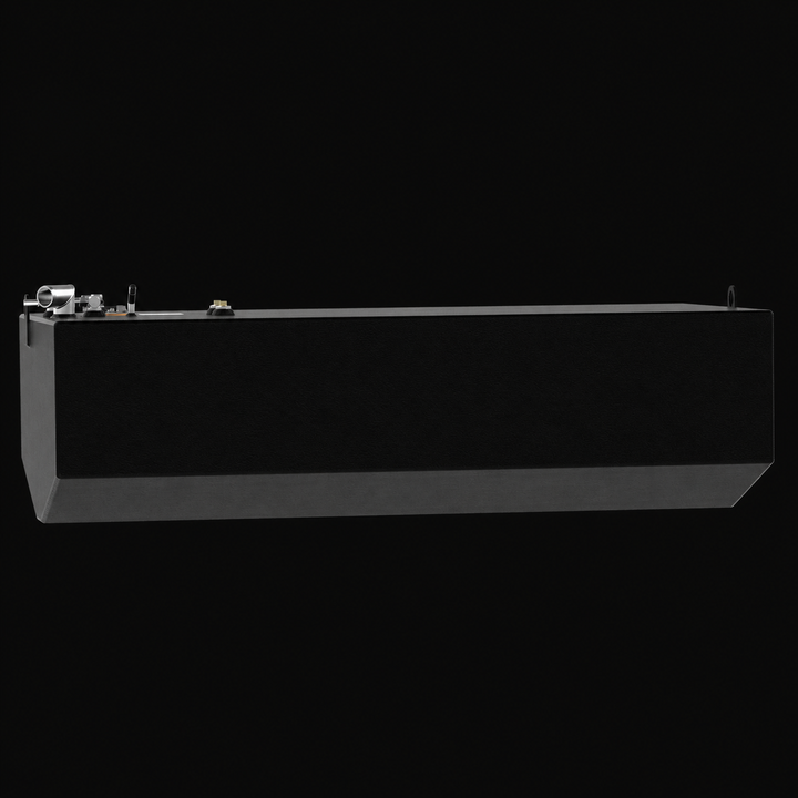 A side-elevation perspective rendering of a single black center-hull fuel cell showcasing a Formula 33 SS replacement marine fuel tank. This 160-gallon high-capacity tank features an elongated rectangular profile with integrated hull-conforming bottom contours engineered by Welding World to align perfectly within a deep-V keel cavity. Fabricated from heavy-gauge marine-grade 5052-H32 aluminum, the entire structure is encapsulated in a protective, textured black TarGard epoxy coating to resist bilge corrosio