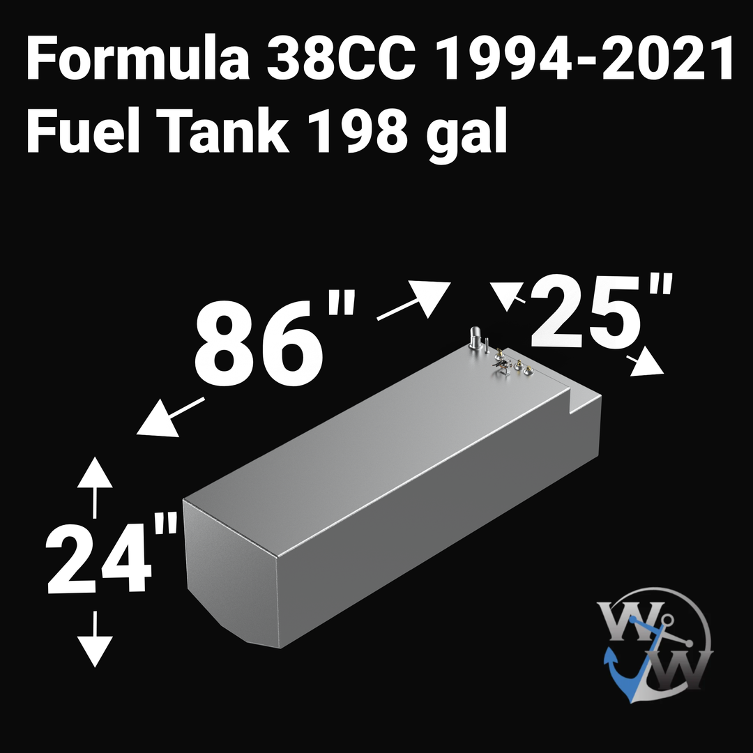 Dimensional technical diagram for a raw aluminum Formula 38CC 1994-2021 replacement marine fuel tank featuring a 198-gallon design. The graphic displays precise technical specifications with measurements of 86" length, 25" width, and 24" height, showcasing a specialized hull-conforming bottom contour profile with a stepped rear section engineered by Welding World to seat flush within the boat's central bilge cavity. The top deck displays an unsealed variant layout featuring a clustered mechanical hardware c