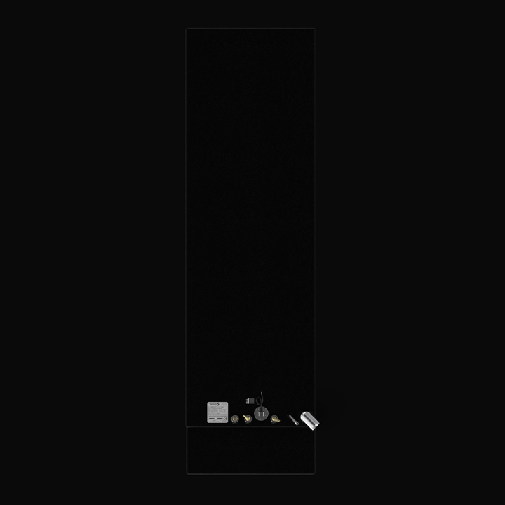 A top-down vertical aerial view detailing the clustered mechanical hardware layout arrangement of a black Formula 38CC 1994-2021 replacement marine fuel tank. This bird's-eye perspective showcases the elongated rectangular deck and lower stepped section of a 198-gallon high-capacity center-hull fuel cell, precision-fabricated from heavy-gauge marine-grade 5052-H32 aluminum and encapsulated in an anti-corrosive, textured black TarGard epoxy coating. The top deck layout features all plumbing grouped tightly a