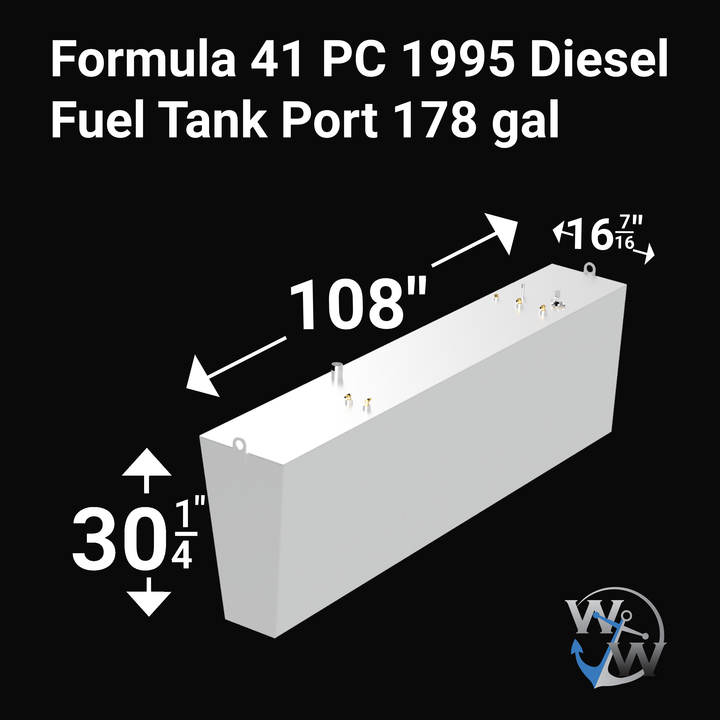 A large, rectangular white diesel fuel tank with multiple metal fittings on top, including gold and silver valves and capped pipes, sits angled on a black background. The tank is labeled "Formula 41 PC 1995 Diesel Fuel Tank Port 178 gal." The dimensions are marked with white arrows: length 108 inches, width 16 7/16 inches, and height 30 1/4 inches. The "WW" logo appears in the lower right corner