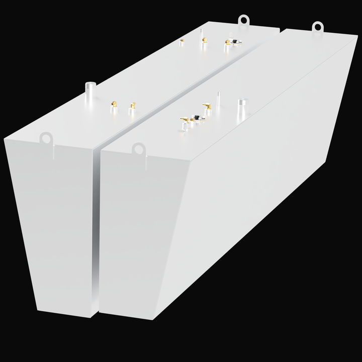 Two large, rectangular white fuel tanks positioned side by side on a black background. Each tank has several fittings on top, including gold and silver valves and capped pipes. Both tanks have rounded corners on the front and mounting loops on the top edges
