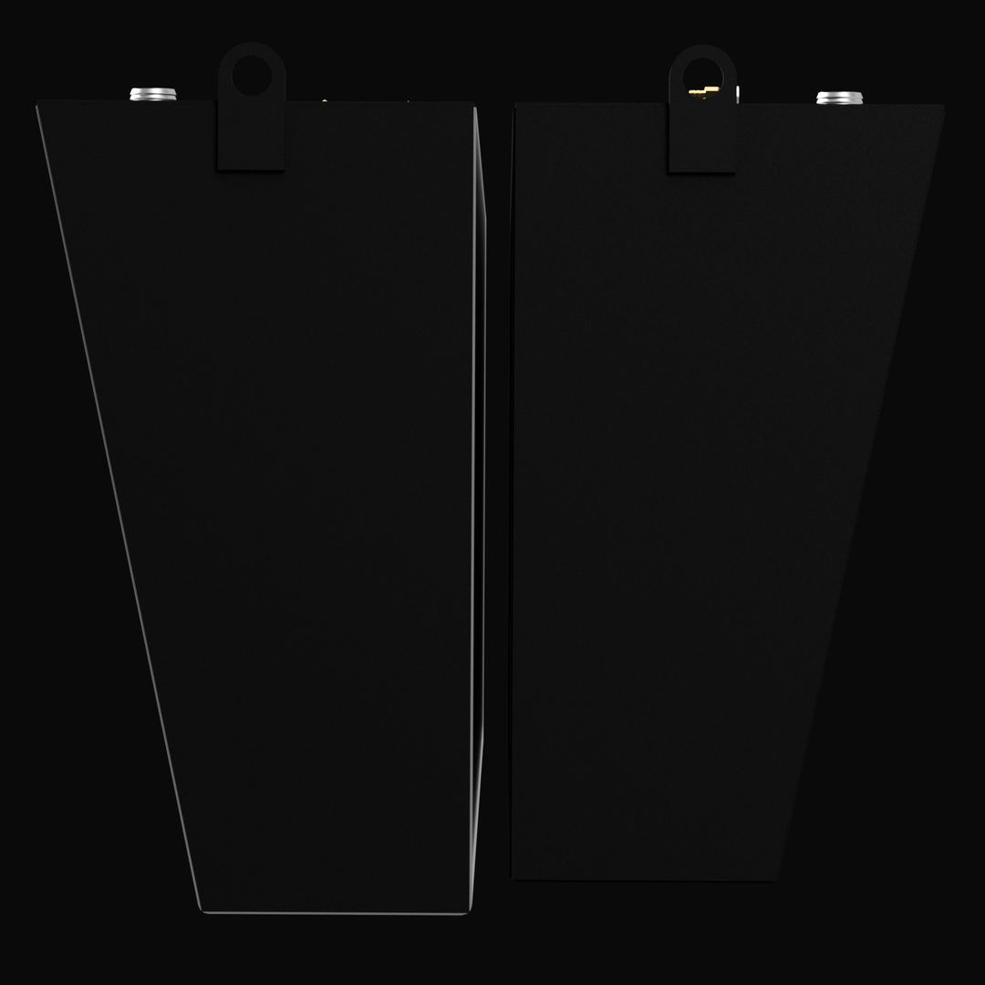 Top-down view of two long, narrow black fuel tanks placed side by side on a black background. Both tanks have multiple metallic fittings and valves on their top surfaces, including gold and silver connectors, caps, and pipes. The tanks have circular openings near the bottom edges and various small mounting brackets along their edges