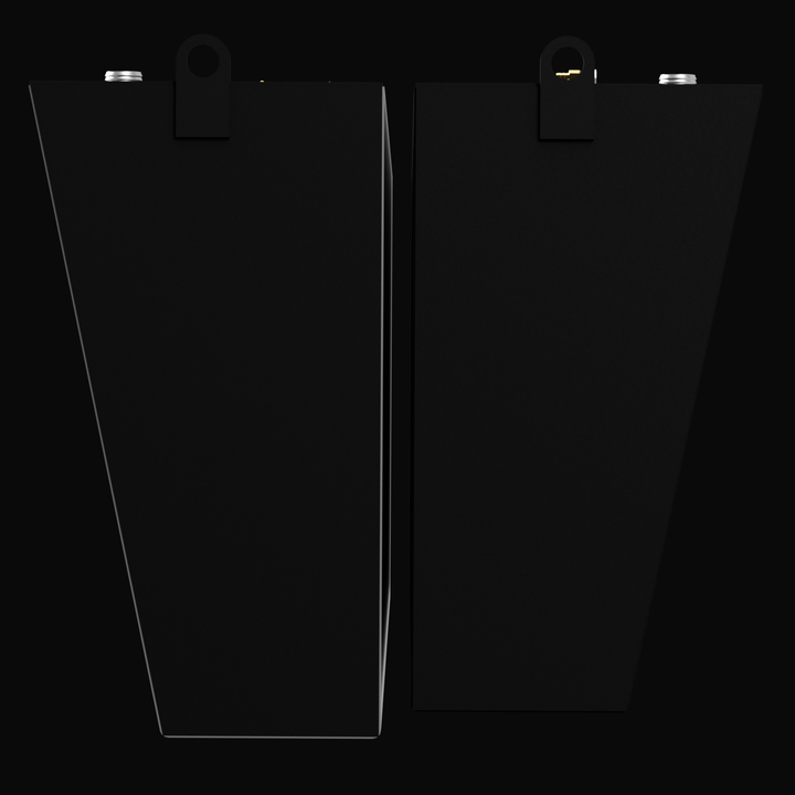 Top-down view of two long, narrow black fuel tanks placed side by side on a black background. Both tanks have multiple metallic fittings and valves on their top surfaces, including gold and silver connectors, caps, and pipes. The tanks have circular openings near the bottom edges and various small mounting brackets along their edges