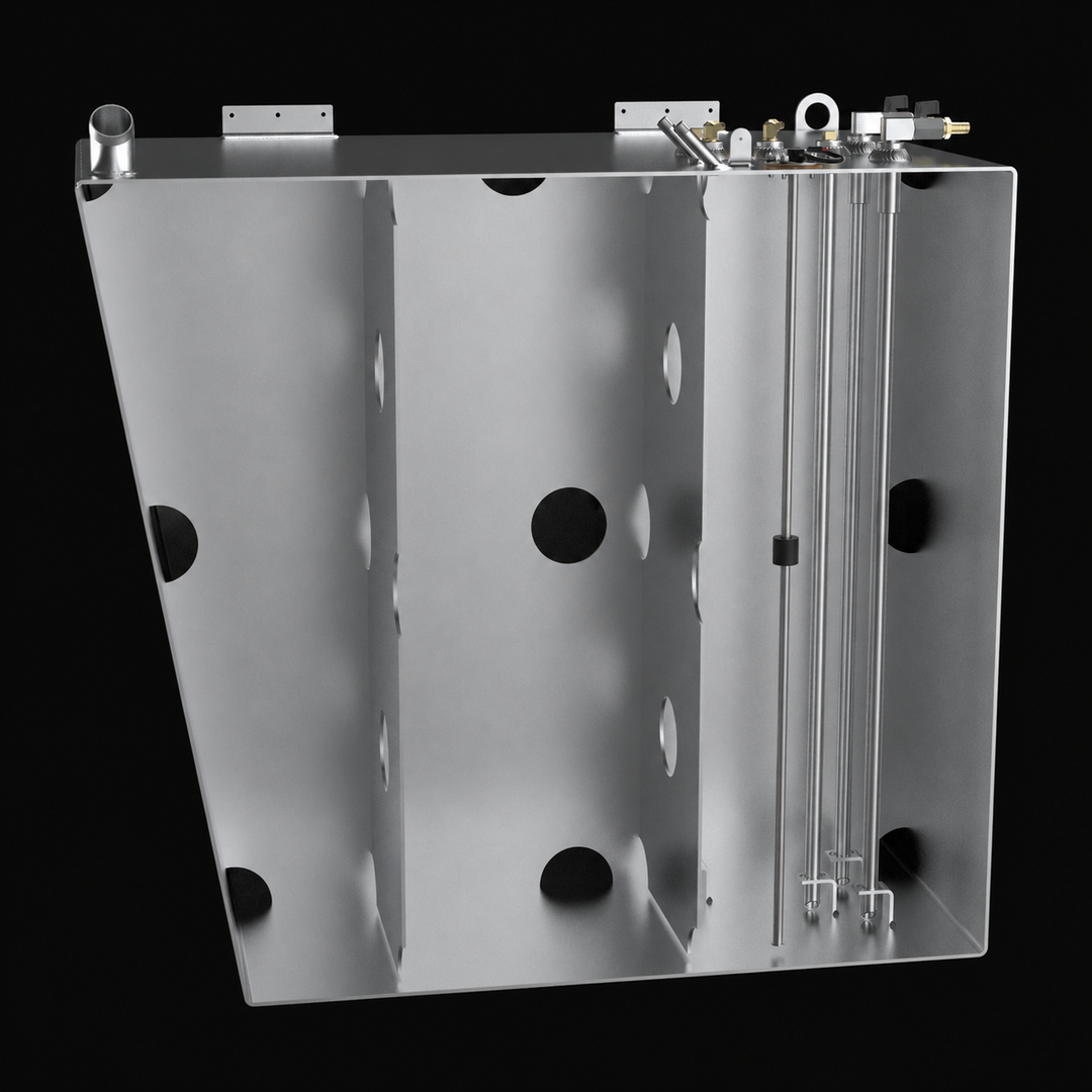 A technical cross-section 3D rendering of a marine aluminum saddle fuel tank cutaway view, detailing the complex internal plumbing and structural support system for a Formula 45 Yacht Saddles diesel replacement tank. The image highlights the internal chamber of a 175-gallon hull-conforming fuel cell precision-fabricated from raw marine-grade 5052-H32 aluminum, showcasing dual structural internal baffle plates engineered with circular flow-through holes for anti-slosh fuel stability during heavy offshore swe