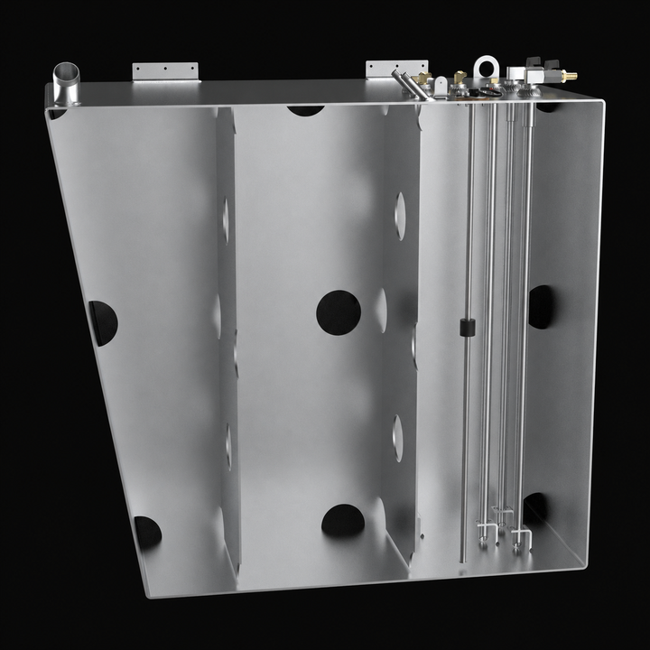 A technical cross-section 3D rendering of a marine aluminum saddle fuel tank cutaway view, detailing the complex internal plumbing and structural support system for a Formula 45 Yacht Saddles diesel replacement tank. The image highlights the internal chamber of a 175-gallon hull-conforming fuel cell precision-fabricated from raw marine-grade 5052-H32 aluminum, showcasing dual structural internal baffle plates engineered with circular flow-through holes for anti-slosh fuel stability during heavy offshore swe