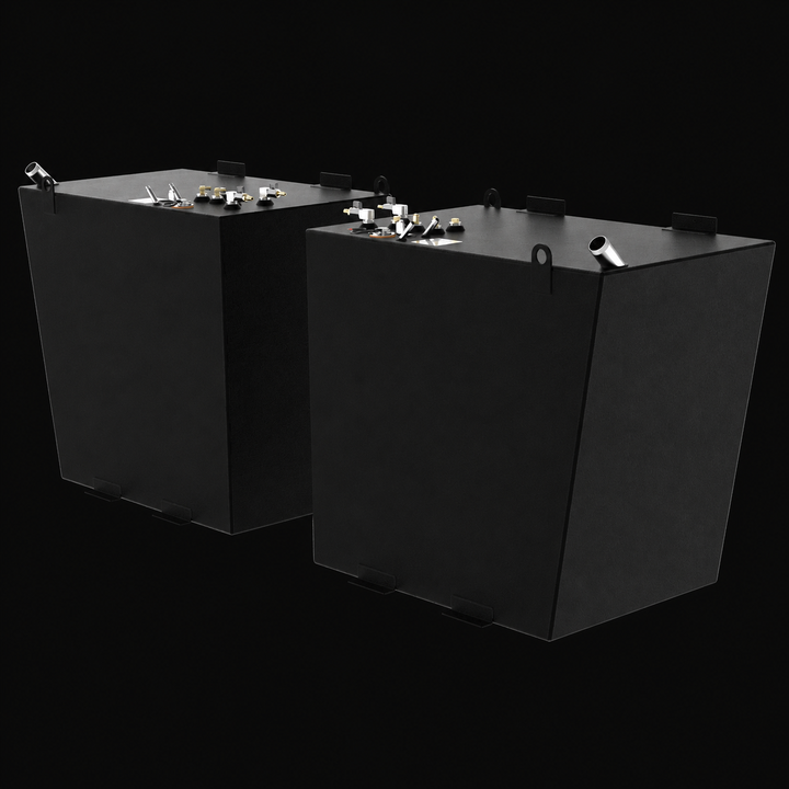 A three-quarter isometric perspective view from an alternate angle showing a pair of black Formula 45 Yacht Saddles diesel replacement marine fuel tanks. Arranged in tandem to represent a port and starboard hull configuration, these twin high-capacity 175-gallon saddle fuel cells feature tall, tapered cube-like structural profiles integrated with side-mounted lifting eyes and heavy-duty perimeter mounting brackets along the top and bottom edges, engineered by Welding World to secure the tanks within opposin