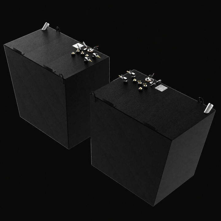A high-angle overhead bird's-eye perspective view of a pair of black Formula 45 Yacht Saddles diesel replacement marine fuel tanks. Arranged dynamically to represent a port and starboard hull configuration, these twin high-capacity 175-gallon saddle fuel cells feature tall, cube-like structural profiles integrated with corner-mounted lifting eyes and upper perimeter mounting tabs, engineered by Welding World to secure the tanks within opposing engine compartments. Precision-fabricated from heavy-gauge marin
