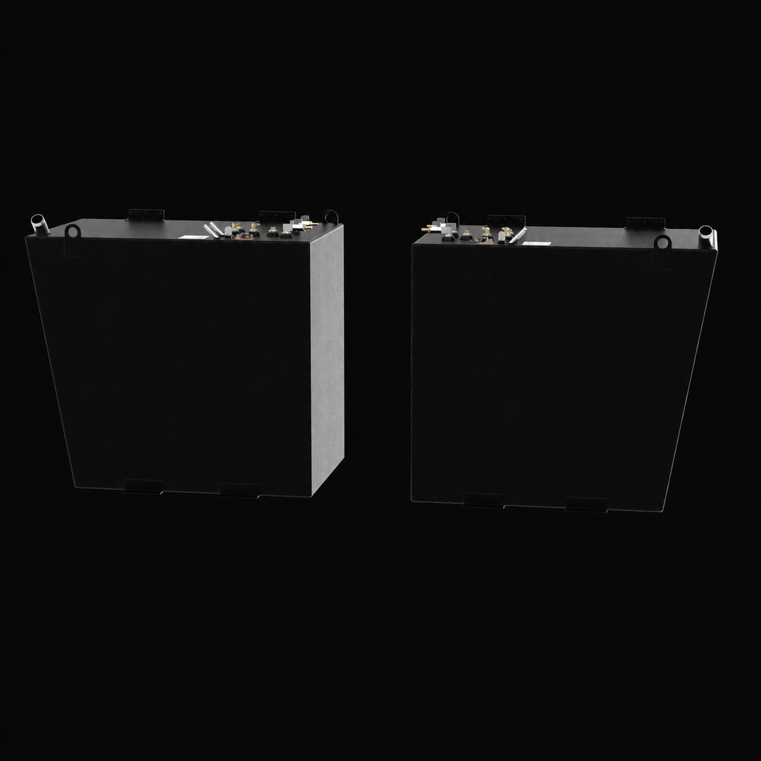 A full side-elevation profile view showcasing the symmetrical hull-conforming geometry of a pair of black Formula 45 Yacht Saddles diesel replacement marine fuel tanks. Placed side-by-side to represent a port and starboard configuration, this perspective illustrates the tapered side panel design engineered by Welding World to maximize volume while seating flush within opposing outboard bilge sections. Precision-fabricated from heavy-gauge marine-grade 5052-H32 aluminum, the twin 175-gallon saddle fuel cells